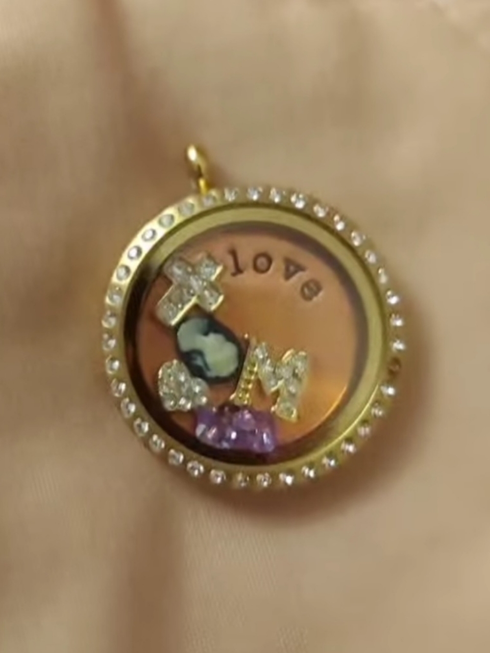 Gold-tone 'Love' Origami Owl Charm Locket Pendant with Crystal Accents